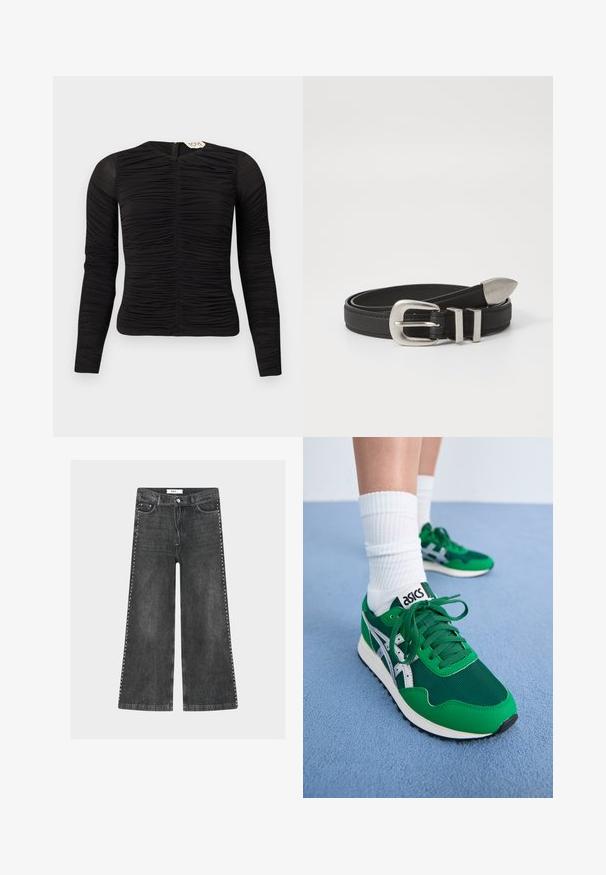 Sort, figursyet bluse med lange ærmer og rynket stofdetalje foran og på ærmerne, med lynlås bagpå og rund halsudskæring.; Sorte vidde bukser lavet af denim med sølvnitter langs sidesømmene, med lynlås og design med fem lommer.; Grønne mesh- og syntetiske sneakers med hvide accenter og sort gummisål. Har snøringer, polstret krave og ASICS-logo på tungen.; Sort læderbælte med en sølvfarvet metalspænde og dobbelt løkke detaljer, der har en tekstureret overflade og en spids ende for en sikker pasform.