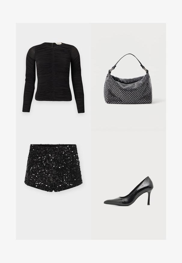 Haut noir à manches longues ajusté avec des détails froncés sur le devant et les manches, doté d'une fermeture éclair au dos et d'un col rond.; Shorts noirs ornés de sequins avec une taille ajustée, présentant une texture lisse et une surface scintillante et réfléchissante grâce aux sequins.; Chaussure à talon haut pour femme en cuir verni noir avec bout pointu et talon fin sur fond clair uni.; Sac noir et argent avec une surface tissée et texturée présentant des motifs carrés, une seule poignée supérieure et un design décontracté.