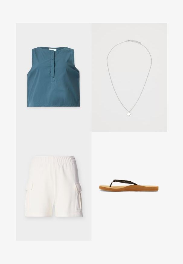 Top azul sin mangas con cuello redondo y cuatro botones en la tapeta delantera, mostrado extendido sobre un fondo claro y liso.; Pantalones cortos de algodón blancos con cintura elástica y bolsillos cargo en cada lado, mostrados sobre un fondo claro y liso.; Chanclas de tiras trenzadas marrones con suela suave y plantilla color tostado, que presentan un diseño redondeado y suela de goma texturizada para mayor tracción.; Collar plateado con una delicada cadena y un colgante redondo pulido. La cadena tiene pequeños eslabones decorativos que realzan su textura.