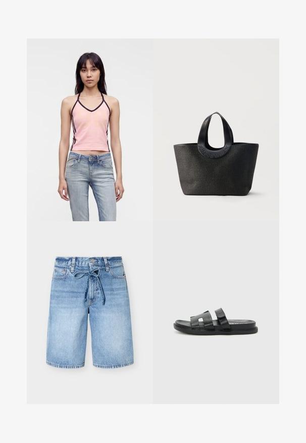 Ung kvinde med glat mørkt hår iført en pink haltertop med sort kant og lyseblå jeans, stående mod en ensfarvet hvid baggrund.; Mellemblå denimshorts med høj talje, knap foran, fem lommer og et bundet stofbælte i taljen.; Sorte lædersandaler med to brede remme, åben tå-design og flad sål. Minimalistisk stil med syninger på sålen.; Sort tekstureret totetaske med brede rundede håndtag med præget brandnavn "Samsøe Samsøe" på neutral baggrund.