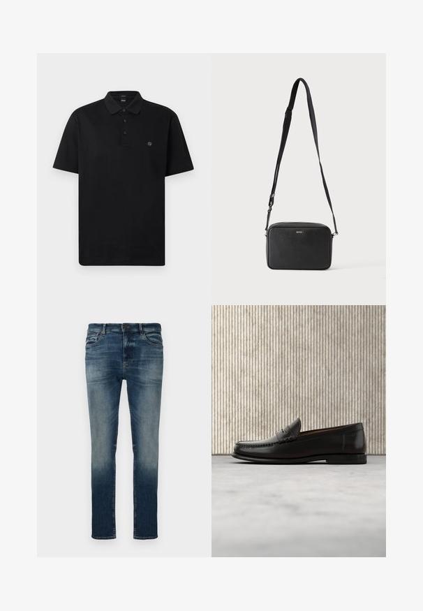 Zwart poloshirt van soepel katoen, met een klassieke kraag en een knoopsluiting met drie knopen, voorzien van een klein logo op de borst.; Donkerblauwe denim jeans met een vervaagde was, slim fit, vijfzakken ontwerp, riemlussen en metalen knoopsluiting. Zachte textuur.; Zwarte leren penny loafer met lage hak, afgeronde neus en gestikte details langs de voorkant en zijkanten, afgebeeld op een neutrale achtergrond.; Zwarte rechthoekige crossbodytas met verstelbare band en BOSS-logo aan de voorkant, tegen een effen lichte achtergrond.