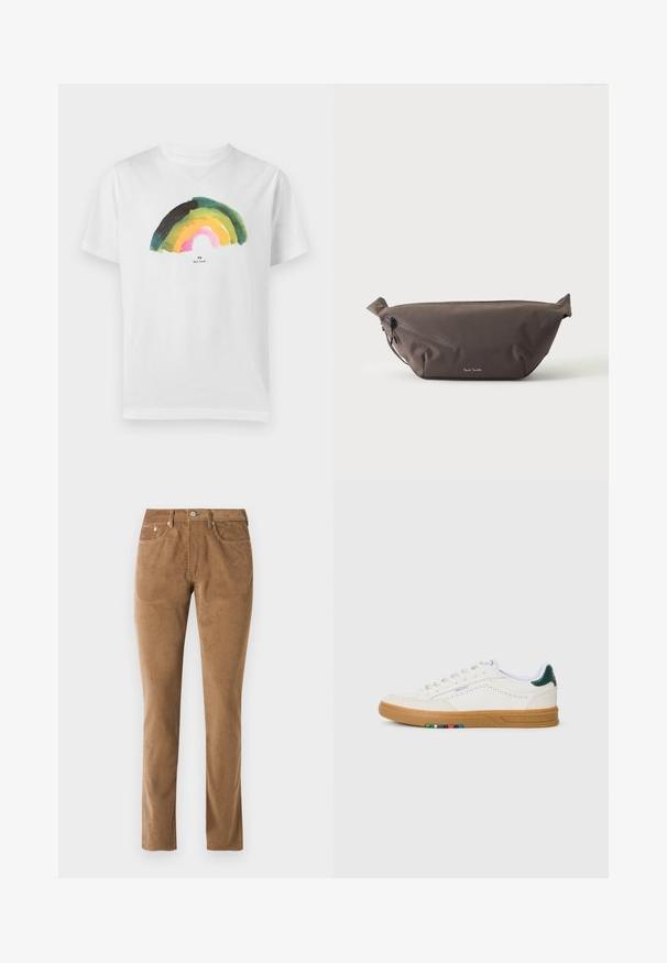 Camiseta blanca de manga corta con un arcoíris estilo acuarela en tonos verdes, amarillos y rosas centrado en el pecho.; Pantalones de pana marrones con un corte ajustado, que cuentan con cinco bolsillos, cierre de botón y detalles de costura a lo largo de las costuras.; Zapatilla blanca de cuero con diseño perforado, suela de goma, acento verde en el talón y detalle de rayas coloridas en el lateral.; Riñonera de tela marrón oscuro con bolsillo diagonal con cremallera y pequeño logo blanco en el frontal, sobre un fondo liso y claro.