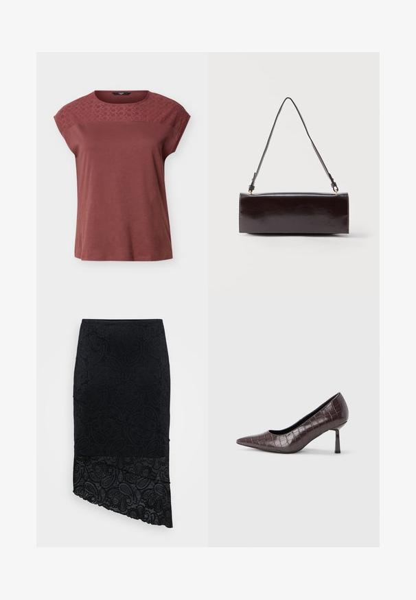 Kort mouwen mauve top met geborduurde bloemige kanten details over de bovenborst en schouders, ronde hals, losse pasvorm.; Zwarte rok met een gestructureerd paisleypatroon, asymmetrische zoom en kantafwerking aan de onderkant. Gemaakt van een zachte, rekbare stof.; Bruine nepleren pumps met een puntige neus en krokodillenstructuur, voorzien van een slanke, hoekige hak en een gladde binnenvoering.; Rechthoekige zwarte leren handtas met een enkele lange schouderband en een glanzende afwerking, weergegeven tegen een effen witte achtergrond.