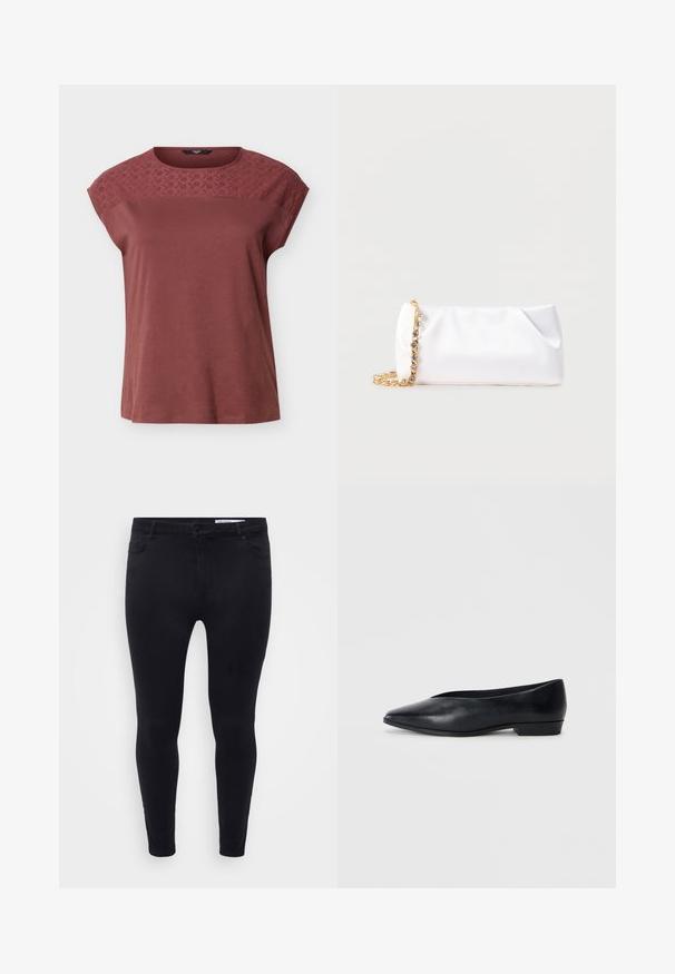 Kortærmet mauve top med broderet blomsterblonde på tværs af øverste del af brystet og skuldrene, rund halsudskæring, løs pasform.; Sorte slim-fit jeans lavet af strækbart denim, med en frontlukkedrag og bælteløkker, samt fem lommer med en glat overflade.; Sorte læder flade sko med spids tå, let hævet hæl og glat overflade. Simpelt design uden synligt hardware eller mønstre.; Hvid blød clutchtaske med guld kæderem pyntet med klare ædelsten, sat mod en ensfarvet lys grå baggrund.