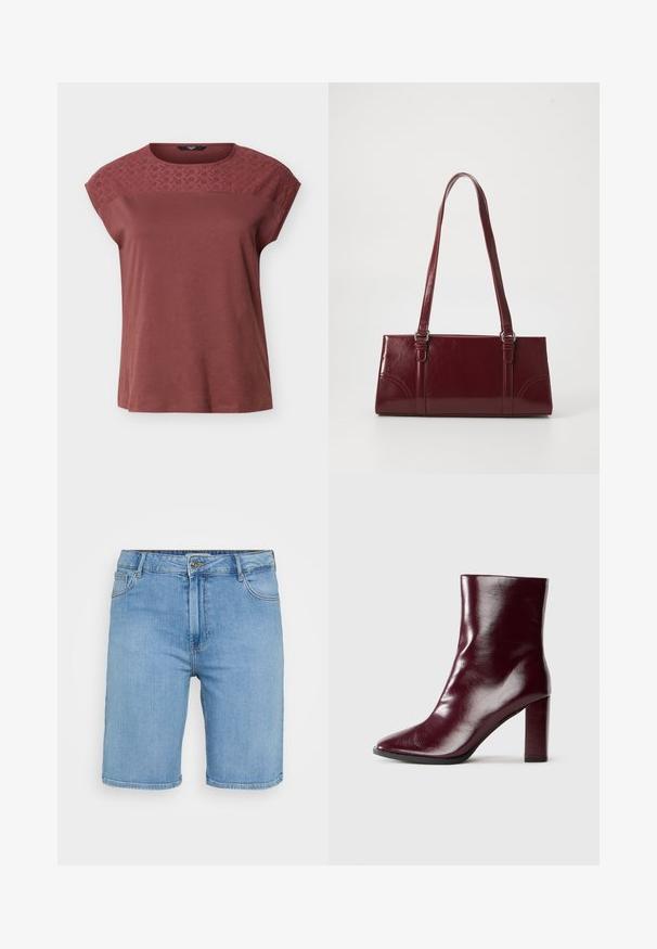 Kort mouwen mauve top met geborduurde bloemige kanten details over de bovenborst en schouders, ronde hals, losse pasvorm.; Lichtblauwe denim shorts met een klassieke snit, voorzien van een knoopsluiting aan de voorkant, riemlussen en twee zijzakken. Gladde textuur en rechte zoom.; Blinkend donker bordeauxleren laars tot halverwege het kuit met een puntige neus en een hoge blokhak op een neutrale achtergrond.; Bourgondische handtas van glanzend materiaal, rechthoekige vorm, met twee schouderbanden en subtiele gebogen accenten aan de voorkant.