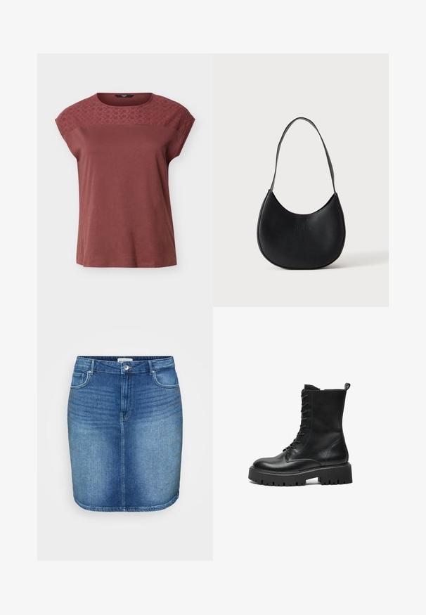 Lühikeste varrukatega malva toonis top, millel on õmmeldud lilleline pitsdetail ülemisel rinnal ja õlgadel, ümarsuu kaelus, lõdvalt istuv lõige.; Keskmise sinise pesu denim seelik, millel on istuv disain, sirge lõige, viis taskut ja vöökoht, millel on esine nööbi sulgemine.; Mustad must reisis läbiva luku, paksu lõhenenud tallaga, pahkluudeni ulatuv sääreosa ja seljaosas tõmbetabiga must nahkne lahingusaap. Taust on valge.; Mustast nahast poolkuu kujuline õlakott ühe rihmaga ja tagasihoidliku reljeefse kaubamärgi nimega ühevärvilise heleda taustal.