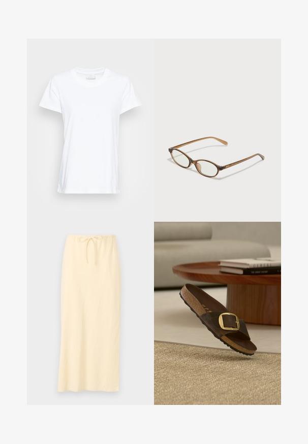 T-shirt blanc à manches courtes en coton doux. Il présente un col rond et une coupe légèrement ample avec des fentes sur les côtés pour un confort accru.; Jupe longue jaune clair en tissu respirant, dotée d'une taille élastique avec cordon de serrage pour un ajustement personnalisable. Texture lisse, sans motifs.; Sandale slide en daim marron avec une grande boucle dorée, une semelle intérieure en liège et une semelle noire sur fond de tapis beige et de table basse en bois.; Lunettes en écaille de tortue marron avec des verres ovales, des branches fines et des accents transparents. Présente un logo subtil sur la branche. Design élégant et léger.