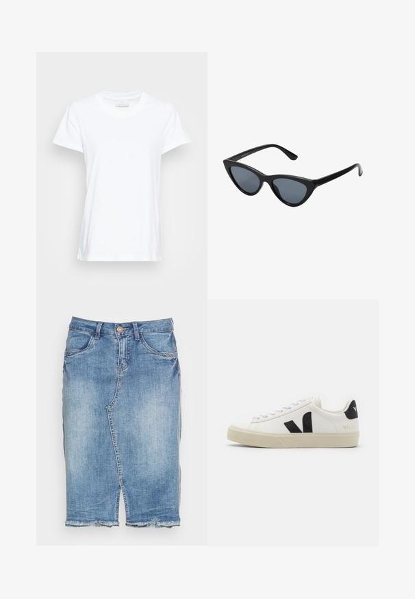 Witte t-shirt met korte mouwen, gemaakt van zachte katoen. Heeft een ronde halslijn en een iets losse pasvorm met zijsplitten voor extra comfort.; Lichtblauwe denim rok met voorsplit, rafelige zoom, ceintuurlussen, knoopsluiting en voorzakken.; Witte leren sneaker met zwart rubberen V-logo. Getextureerde off-white zool, witte veters en een achterkant met een detail van de merknaam in het zwart.; Zwarte cat-eye zonnebril met donkergrijze lenzen, slank plastic frame, puntige hoeken en rechte pootjes. Geen zichtbare hardware of accenten.