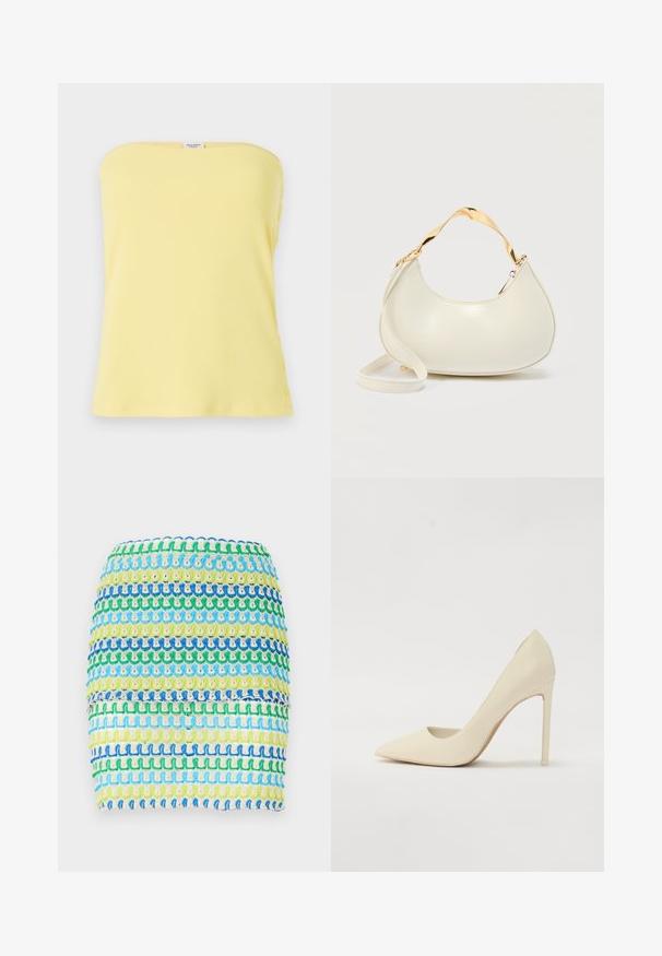 Top amarillo de canalé sin tirantes con un diseño ajustado. Presenta detalles de botones en el costado, textura suave y un escote recto.; Minifalda de tejido con rayas horizontales en azul, verde y amarillo. El diseño tiene una apariencia texturizada y tejida con un efecto en capas.; Zapato de tacón alto en color crema con punta afilada, hecho de piel suave, con un tacón delgado tipo stiletto y un ligero corte en los laterales.; Bolso en forma de media luna de color crema con asa corta brillante dorada y correa larga a juego sobre un fondo liso y claro.