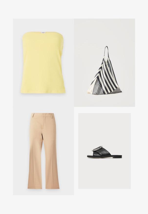 Top amarillo de canalé sin tirantes con un diseño ajustado. Presenta detalles de botones en el costado, textura suave y un escote recto.; Pantalones anchos beige con una textura suave, presentan una cinturilla de altura media y pliegues frontales limpios. Diseño sencillo, sin adornos visibles.; Sandalia plana negra con tira ancha de cuero y detalle de hebilla grande plateada sobre un fondo claro y liso.; Bolsa triangular de tela a rayas blancas y negras con una sola correa para el hombro, colocada verticalmente sobre un fondo claro y simple.