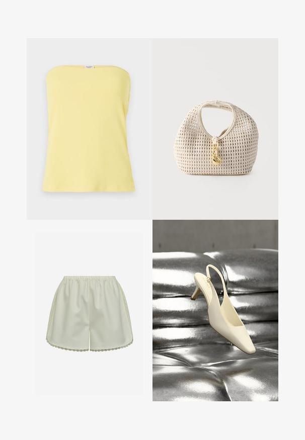 Top sans manches rayé jaune avec un design ajusté. Présente des accents de boutons sur le côté, une texture lisse et un décolleté droit.; Shorts en satin couleur crème avec taille élastique et bordure en dentelle festonnée sur les côtés et à l'ourlet.; Chaussure à talon kitten slingback crème avec un bout carré reposant sur une surface en cuir argenté capitonnée et brillante.; Sac à main tressé de couleur crème, forme arrondie, poignée courte et fermoir décoratif doré suspendu au centre devant.
