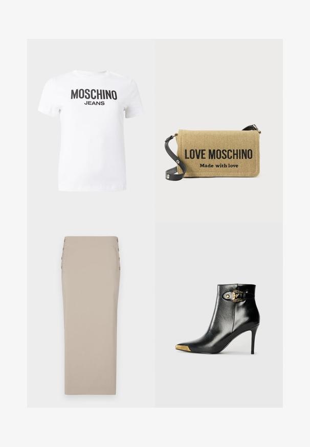 Weißes T-Shirt mit kurzen Ärmeln und schwarzem "MOSCHINO JEANS"-Schriftzug auf der Brust, präsentiert vor einem einfarbigen Hintergrund.; Beige Bleistiftrock aus glattem Stoff, mit seitlichen Knöpfen, einer schlanken Silhouette und ohne sichtbare Taschen oder Muster.; Schwarzer Knöchelstiefel aus glänzendem Leder mit spitz zulaufender Zehenpartie, Stöckelabsatz und goldfarbener Hardware mit dekorativem Schnallendetail.; Beige gewebte Umhängetasche mit schwarzem verstellbarem Riemen, auf der vorderen Klappe mit fettem schwarzen Text "LOVE MOSCHINO Made with love".