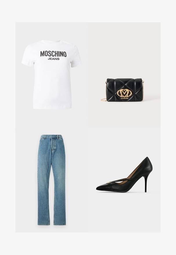 Biele tričko s krátkym rukávom s čiernym textom "MOSCHINO JEANS" vytlačeným cez hruď, zobrazené na jednoduchom pozadí.; Svetlomodré denimové džínsy s rovnými nohavicami, päť vrecami a viditeľným pásom. Štruktúra je mierne opotrebovaná, ale intaktná.; Čierna kožená lodička na vysokom podpätku s ukázanou špičkou a úzkym pásikom cez vrch, ktorý je zabezpečený malou zlatou prackou na jednofarebnom pozadí.; Čierna prešívaná kožená kabelka so zlatým retiazkou a veľkým zlatým logom Love Moschino na prednej strane.