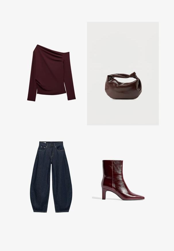 Asymmetrisches Langarm-Top in dunklem Burgunder mit einer freiliegenden Schulter und dezenten Drapierungen auf der vorderen linken Seite.; Dunkelblaue Jeans mit weitem Bein, vorderen Taschen, Gürtelschlaufen und Knopfverschluss in der Taille.; Burgunderfarbene Leder-Ankle-Boots mit spitzem Zeh, schlankem Design und mittelhohem Blockabsatz. Glatte Oberfläche und minimale Nahtdetails.; Dunkelbraune Lederschultertasche mit weicher, lockerer Form und einem gedrehten Knotengriff vor schlichtem weißem Hintergrund.