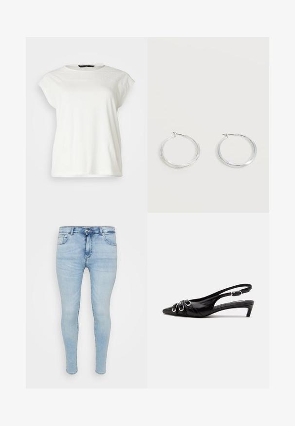Hvid kortærmet t-shirt med tekstureret blondeindsats, rund halsudskæring og en afslappet pasform. Blødt bomuldsstof med fin detaljer på skuldrene.; Lyseblå skinny jeans med et klassisk fem-lomme design, knap- og lynlåslukning samt slidt tekstur på stoffet.; Sort læder slingback sko med spids tå, tre sølvspænder på forsiden og lav lille hæl på hvid baggrund.; Sølvfarvede metaloorringe med glat, let buet overflade og låsemekanisme på en ensfarvet hvid baggrund.