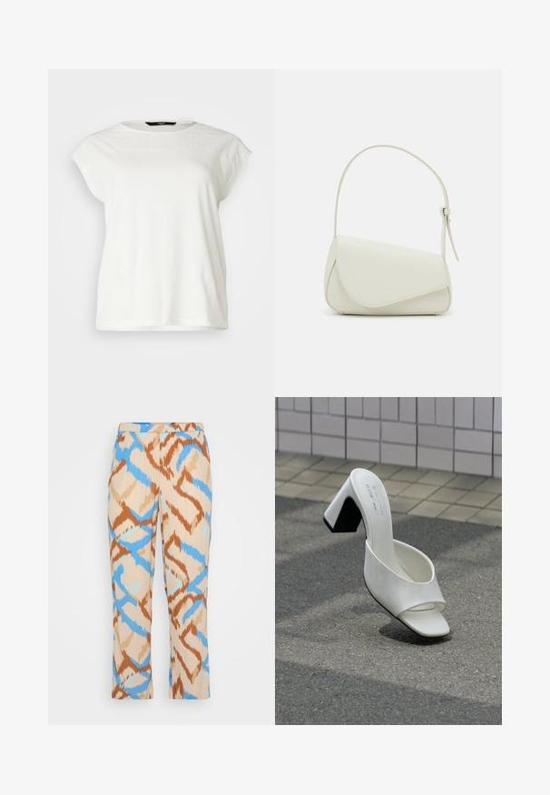 Weißes kurzärmliges T-Shirt mit einem strukturierten Spitzenbesatz, rundem Ausschnitt und lässiger Passform. Weiches Baumwollmaterial mit dezenten Details an den Schultern.; Musterhosen in Beige mit einem blauen und braunen abstrakten Design. Hergestellt aus einem leichten Material mit geradem Bein.; Ein weißer offener Mule mit Blockabsatz steht auf grauem Asphalt vor einer gefliesten Wand.; Weiße Kunstleder-Handtasche mit einer strukturierten dreieckigen Form, einem verstellbaren Einzelgurt und einem Klappenverschluss mit geschwungenen Akzenten.