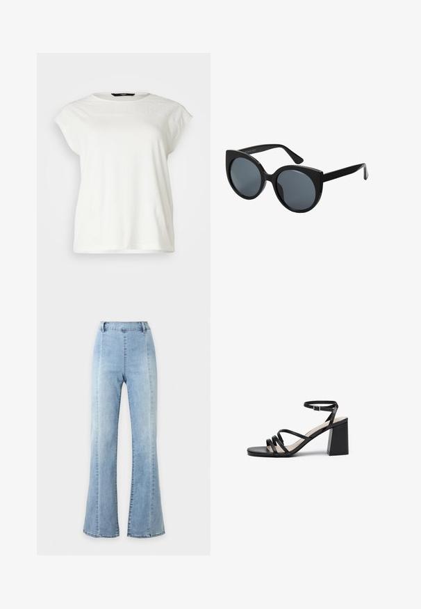 Hvid kortærmet t-shirt med tekstureret blondeindsats, rund halsudskæring og en afslappet pasform. Blødt bomuldsstof med fin detaljer på skuldrene.; Lyseblå denim jeans med høj talje og vidde i benene, med enkelt design og bæltestropper, vist mod en ensfarvet hvid baggrund.; Sorte hæle sandaler med flere tynde stropper, firkantet tå og blokhæl, med en justerbar ankelrem. Glat lædertekstur.; Storede sorte oversized solbriller med katteøjeform, mørkt tonede linser og glansfuldt plastisk stel. Har tykke stænger for støtte.