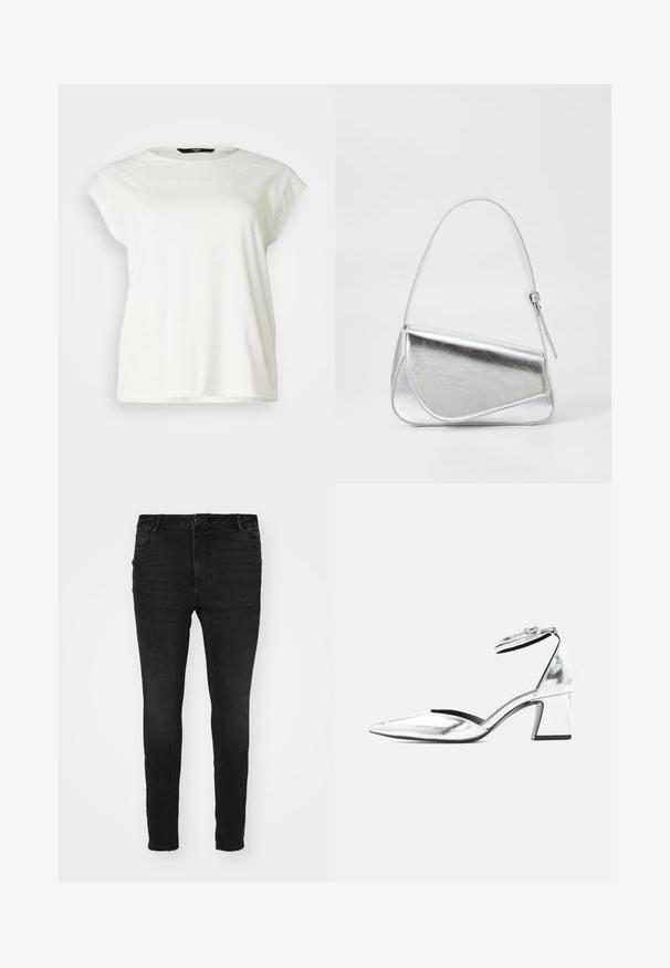 Weißes kurzärmliges T-Shirt mit einem strukturierten Spitzenbesatz, rundem Ausschnitt und lässiger Passform. Weiches Baumwollmaterial mit dezenten Details an den Schultern.; Vero Moda Curve Skinny fit VMCFLASH Mid rise - Jeans Skinny Fit - black denim; Silberfarbener Metallic-Schuh mit niedrigem Blockabsatz, spitzer Toe und Knöchelriemen mit Schnalle auf weißem Hintergrund.; Silberfarbene metallische Handtasche mit dreieckiger Form, glatter Textur und einem dünnen, verstellbaren Schultergurt. Sie verfügt über ein umklappbares Design mit Nähten.