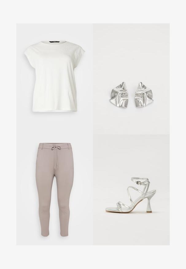Camiseta blanca de manga corta con un yugo de encaje texturizado, escote redondo y un corte relajado. Material de algodón suave con detalles sutiles en los hombros.; Pantalones jogger ajustados de color beige claro, con cintura de cordón y piernas ajustadas, exhibidos sobre un fondo liso.; Sandalia de tacón alto plateada con múltiples correas entrecruzadas, una correa ajustable en el tobillo y un tacón esculpido, todo con un acabado metálico brillante.; Pendientes de metal plateado con un diseño ondulado y escultórico, que presentan un acabado pulido y formas irregulares, destacando una estética contemporánea.