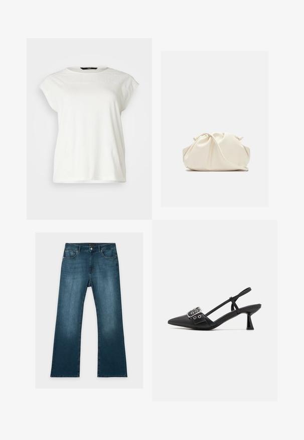 Weißes kurzärmliges T-Shirt mit einem strukturierten Spitzenbesatz, rundem Ausschnitt und lässiger Passform. Weiches Baumwollmaterial mit dezenten Details an den Schultern.; Blaue Jeans mit geradem Bein, vorderen und hinteren Taschen, Knopf- und Reißverschluss und dezenten verblassten Details an Oberschenkeln und Knien.; Simmi London DALA - Pumps - black; Weiche, cremefarbene Leder-Clutch mit gerafftem Design und einem dünnen Schulterriemen, der vorne auf einem schlichten Hintergrund liegt.