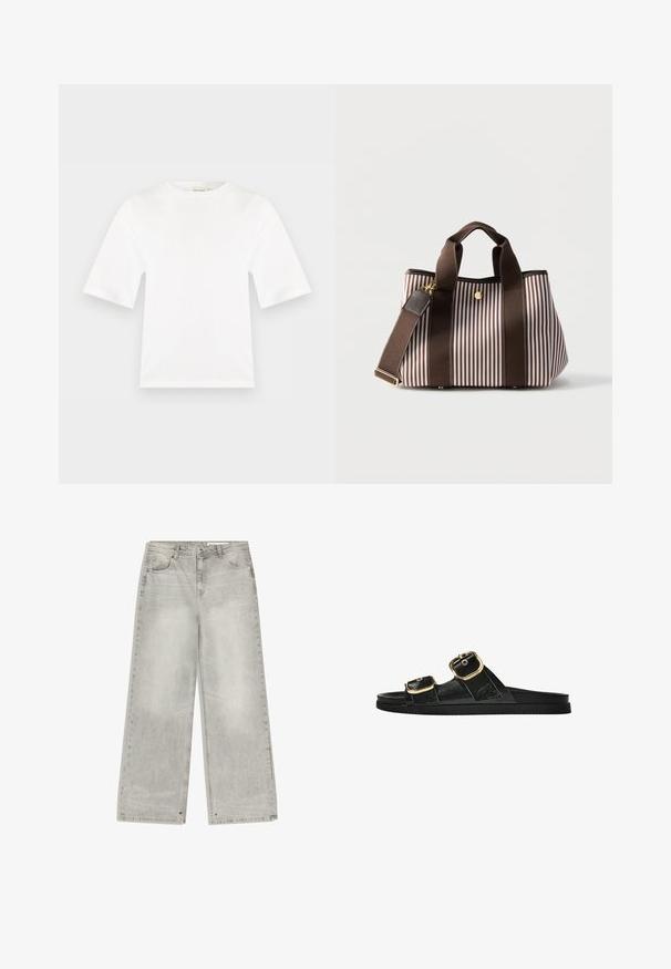 Weißes Kurzarm-T-Shirt mit Rundhalsausschnitt, geradem Schnitt und glatter Stofftextur, dargestellt auf einem flachen hellgrauen Hintergrund.; Grau melierte Jeans mit weitem Bein, verwaschenem Finish, fünf Taschen und metalfarbenen Details. Der Stoff hat eine weiche Textur und einen sauberen Saum.; Schwarze Riemensandale mit zwei goldenen Schnallendetails, glattem Material, flachem Sohlen und minimalistischer Gestaltung.; Braun-weiß gestreifte Handtasche mit zwei Griffen und abnehmbarem Schulterriemen vor einfarbig weißem Hintergrund.