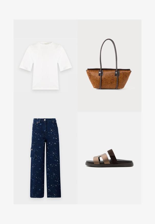 Wit T-shirt met korte mouwen en ronde hals, rechte pasvorm en een gladde stoftextuur, getoond op een vlakke lichtgrijze achtergrond.; Donkerblauwe denim cargo broek met een sterrenpatroon, wijde pijpen, voorzakken en een zijzak met knoopsluiting.; Bruine en donkerbruine slidesandaal met twee brede banden en een platte, geribbelde zool op een effen achtergrond.; Bruine leren handtas met een trapeziumvorm en lange gevlochten donkerbruine handvatten op een witte achtergrond.