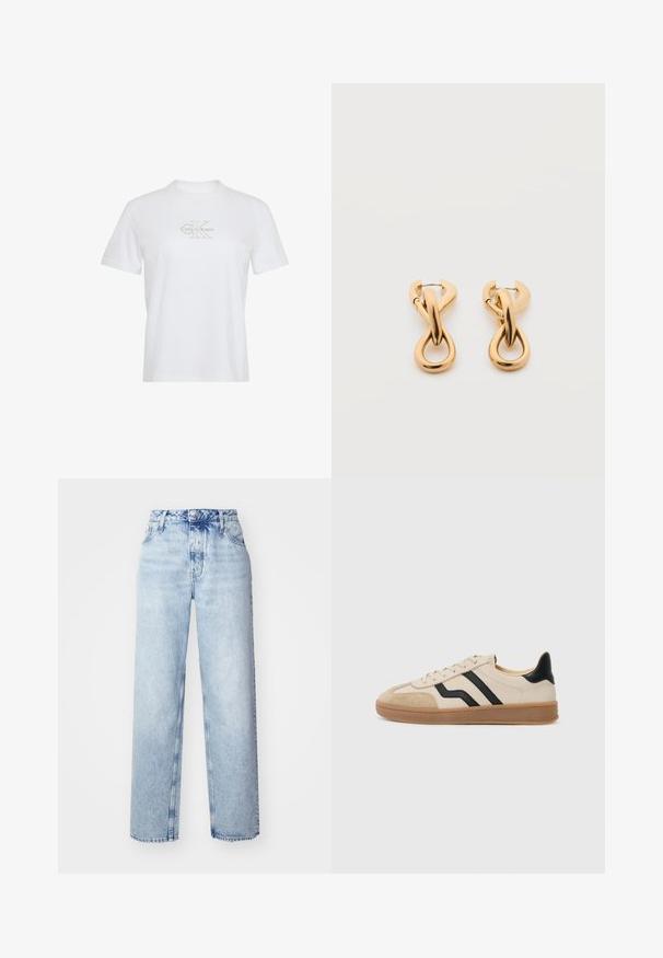 Hvid bomuld T-shirt med korte ærmer, rund hals og et guldprintet Calvin Klein-logo på forsiden.; Lyseblå højtaljede jeans med løs pasform, der har lige ben, fem lommer og en klassisk knap- og lynlåslukning.; Beige sneaker med sorte striber, ruskindspidser og hæle, struktureret gummisål og flade snørebånd. Minimalistisk design og neutrale farver.; Par af skinnende guldfarvede hoop-øreringe med snoet, flettet design på en enkel hvid baggrund.
