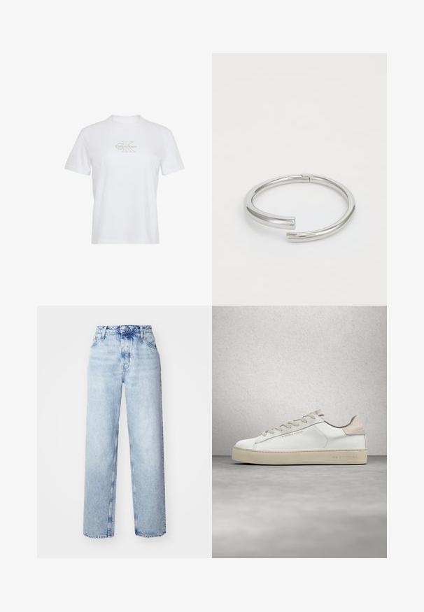 Hvid bomuld T-shirt med korte ærmer, rund hals og et guldprintet Calvin Klein-logo på forsiden.; Lyseblå højtaljede jeans med løs pasform, der har lige ben, fem lommer og en klassisk knap- og lynlåslukning.; Hvide lædersneakers med en glat overflade, beige ruskindsdetaljer, rund tå, flad snørebåndsdesign og en struktureret gummisål.; Calvin Klein SPIRAL - Armbånd - silver-coloured