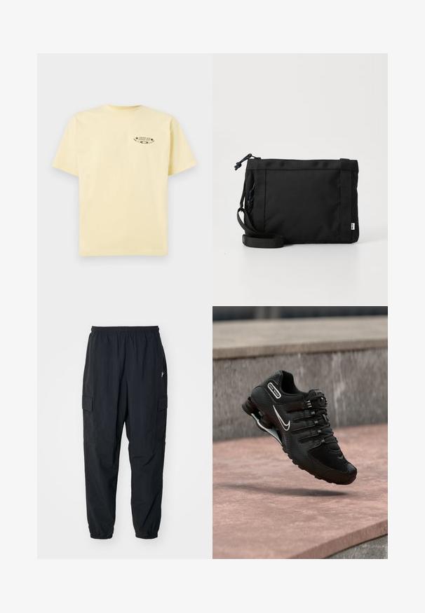 Kollane puuvillane t-särk lühikeste varrukatega ja ümarate kaelustega, mille vasakus rinnas on trükitud graafiline logo.; Mustad mustad püksid kergest materjalist, elastse vöökoha, küljetaskute ja lõdva istuvuse ning elastsete mansettidega.; Must Nike Shox jooksujalats valge Swooshi logoga, õhus roosakat tooni betoonpinna kohal, halli kiviseina taustal.; Must mustra asendiga must kott, millel on tekstuuriga välimus, reguleeritav rihm ja nööriga sulgemine. Omab julgeid õmblusi ja külglabelit.