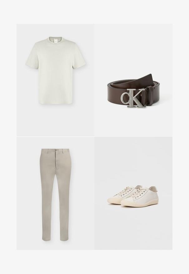 T-shirt blanc cassé à manches courtes et col rond, avec petit logo Calvin Klein centré sur la poitrine et étiquette visible à l'intérieur du col.; Pantalon beige slim fit avec passants de ceinture, fermeture par bouton et braguette zippée, présenté sur fond blanc.; Baskets blanches en cuir lisse avec des coutures ton sur ton, fermeture à lacets, bout arrondi et semelle en caoutchouc texturée.; Ceinture en cuir marron avec une finition brillante, dotée d'une boucle CK en métal argenté avec des éléments de design circulaires et rectangulaires.