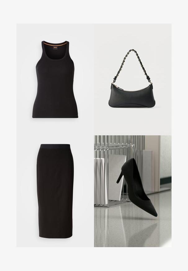 Sort ribbet tanktop med rund halsudskæring. Har en tætsiddende pasform og orange detaljer ved halsen. Brandlogo subtilt broderet på fronten.; Sort midi-nederdel lavet af elastisk materiale, med en tætsiddende design og et behageligt elastisk taljebånd. Glat tekstur uden mønstre.; Sort højhælet sko balancerende på hælen på en reflekterende bordplade nær metalfilholder med hvide mapper.; Sort skuldertaske i læder med en buet rektangulær form, gyldent kæde vævet ind i en flettet sort rem og toplynlås.