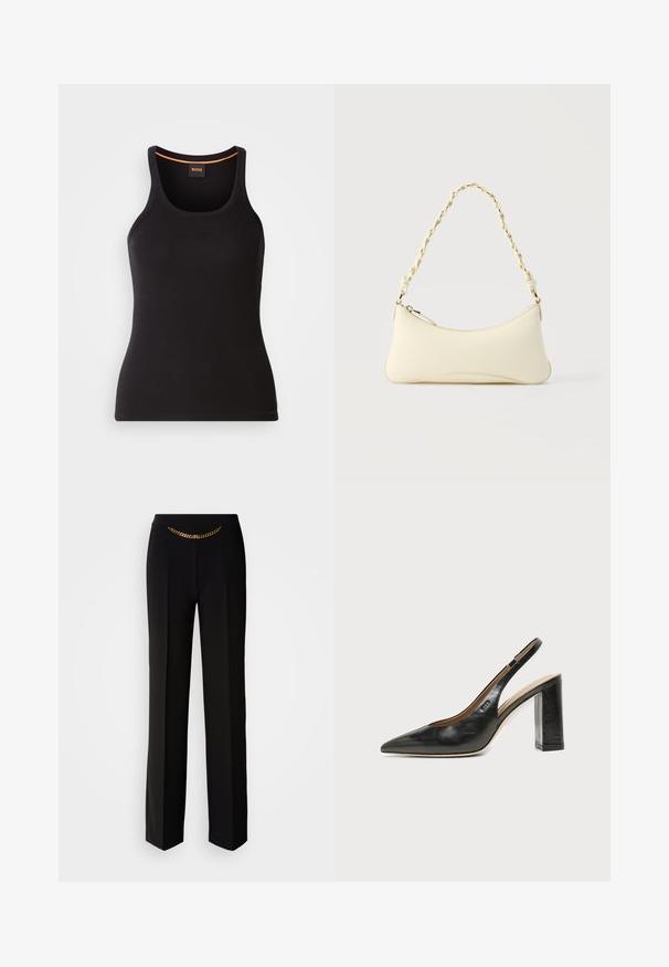Sort ribbet tanktop med rund halsudskæring. Har en tætsiddende pasform og orange detaljer ved halsen. Brandlogo subtilt broderet på fronten.; MARCIANO BY GUESS ELLA CHAIN STRAIGHT PANTS - Bukser - black; Sort læder peep-toe slingback sko med høj blokhæl og beige indvendig foring mod en ensfarvet lys baggrund.; Lille cremefarvet taske med en kurvet form og fletet guldfarvet kæde som håndtag, lynlås lukning på toppen