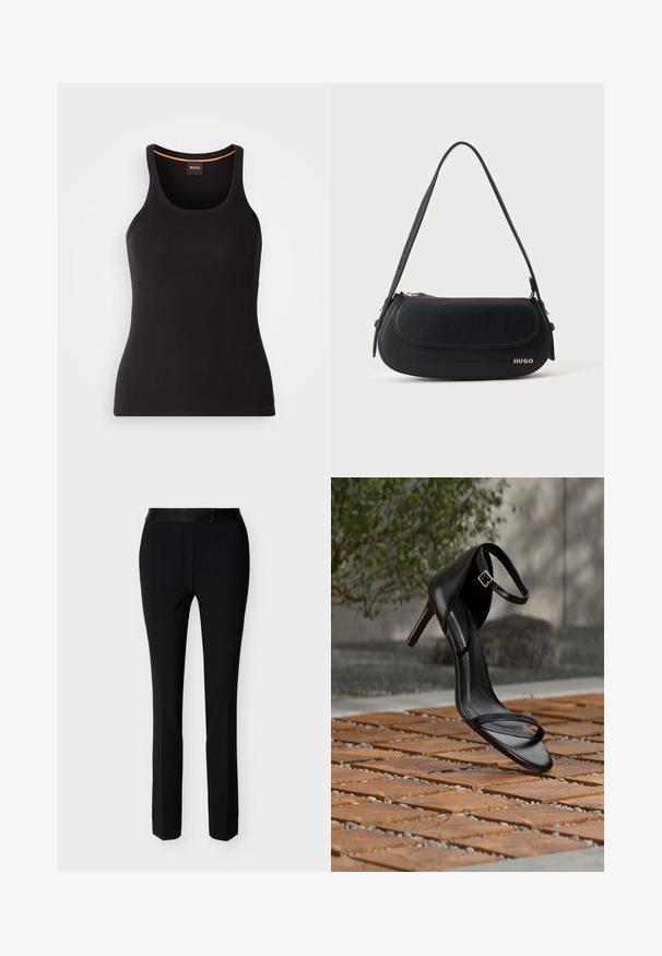 Débardeur noir côtelé avec un col rond. Présente une coupe ajustée et un accent orange au niveau du col. Logo de la marque discrètement brodé à l'avant.; Pantalon slim noir formel avec fermeture éclair à l'avant et taille avec ceinture, conçu pour un look ajusté et soigné.; Sandale noire à talon haut avec sangle à la cheville, suspendue au-dessus d'un sol en carreaux de bois à l'extérieur, avec un arrière-plan flou de verdure et de pierre.; Sac à épaule en cuir noir avec rabat incurvé, logo doré "HUGO" sur le devant, et une bandoulière réglable.