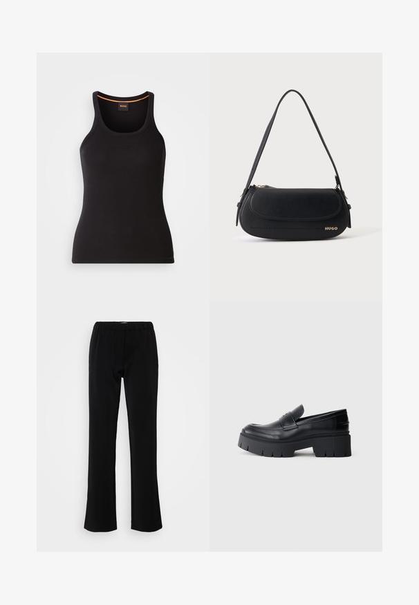 Débardeur noir côtelé avec un col rond. Présente une coupe ajustée et un accent orange au niveau du col. Logo de la marque discrètement brodé à l'avant.; Pantalons noirs avec un design évasé, fabriqués en tissu lisse. Présentent une taille élastique pour le confort et une silhouette épurée et simple.; Mocassin plateforme noir épais avec tige en cuir lisse, sangle décorative et semelle texturée épaisse sur fond blanc.; Sac à épaule en cuir noir avec rabat incurvé, logo doré "HUGO" sur le devant, et une bandoulière réglable.