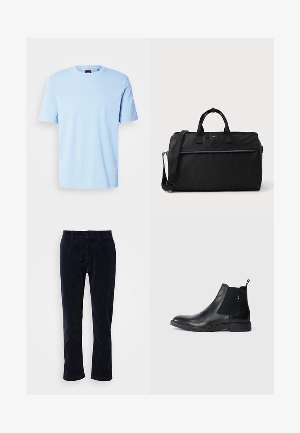 T-shirt bleu clair à manches courtes et col rond avec un logo discret embossé centré sur la poitrine et une étiquette noire à l'intérieur du col.; Pantalons en velours côtelé marine avec un devant plat, deux poches avant et une fermeture à un bouton. Texture douce, jambes légèrement fuselées.; Bottines Chelsea en cuir noir avec des panneaux élastiques sur les côtés, une languette arrière et une semelle en caoutchouc plate. Texture lisse avec un minimum de détails.; Sac de voyage rectangulaire noir avec doubles poignées, bandoulière réglable, poche zippée à l'avant et petit logo "BOSS" à l'avant.