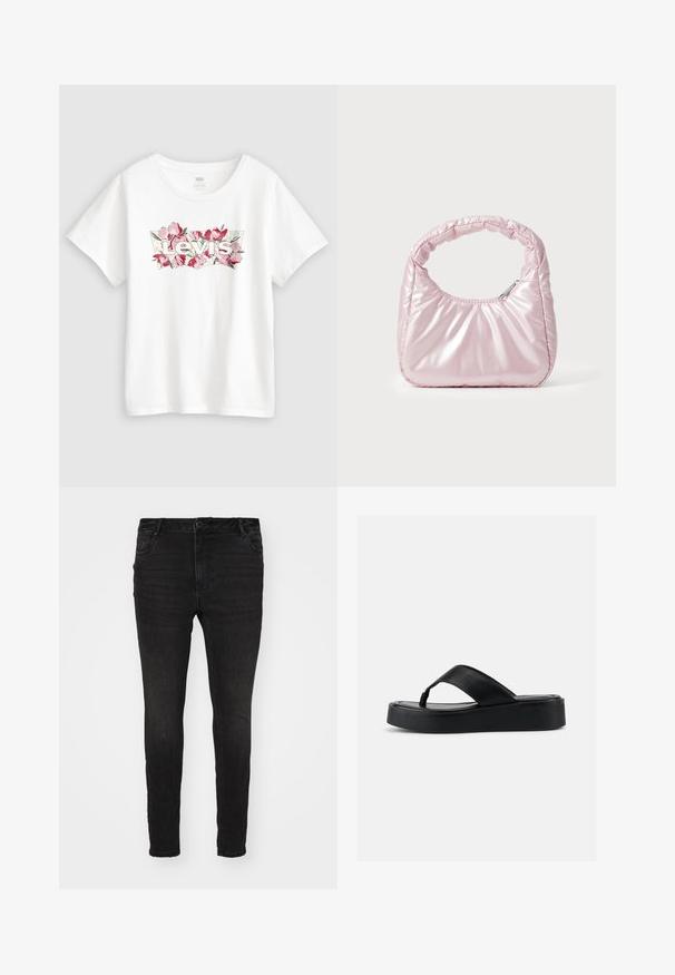 Wit katoenen T-shirt met een bloemmotief van roze bloemen rondom het "Levi's"-logo in vetgedrukte letters. Korte mouwen en een ronde hals.; Vero Moda Curve Skinny fit VMCFLASH Mid rise - Jeans Skinny Fit - black denim; Zwarte platformsandaal met brede leren band en gevoerde zool, zijaanzicht op een effen lichte achtergrond.; Roze, gevoerde handtas met een afgeronde vorm, gemaakt van glanzend materiaal. Beschikt over een geplooide handgreep en een ritssluiting voor veilige toegang.