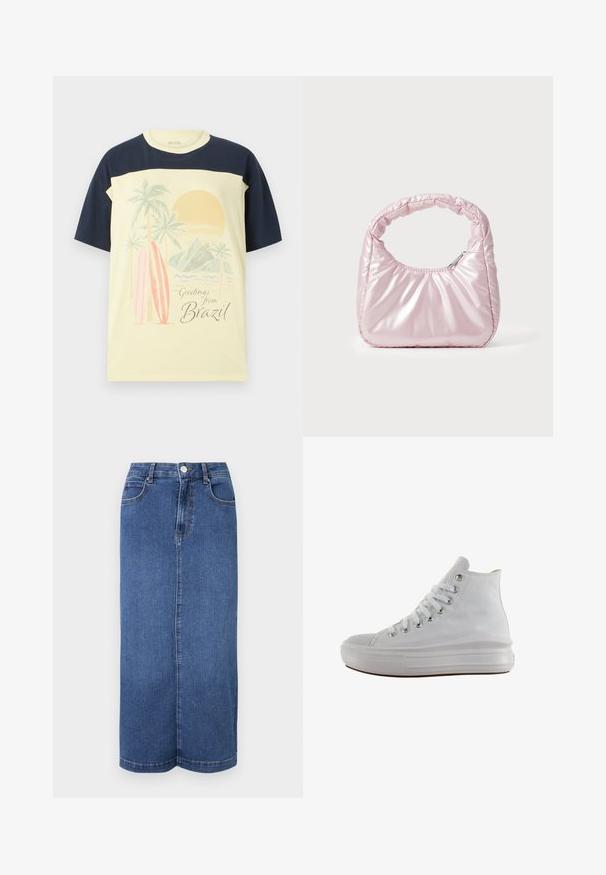 Lichtgele t-shirt met marineblauwe mouwen. Bevat een grafische print van palmbomen, surfplanken en een zon, met de tekst "Groeten uit Brazilië".; Denim maxi rok in donkerblauw, met een rechte snit, een tailleband met knoopsluiting en minimale stikdetails.; Witte hoge canvas sneaker met witte veters, metalen oogjes, dikke rubberen zool en gestructureerde neuskap, naar links gericht op een witte achtergrond.; Roze, gevoerde handtas met een afgeronde vorm, gemaakt van glanzend materiaal. Beschikt over een geplooide handgreep en een ritssluiting voor veilige toegang.