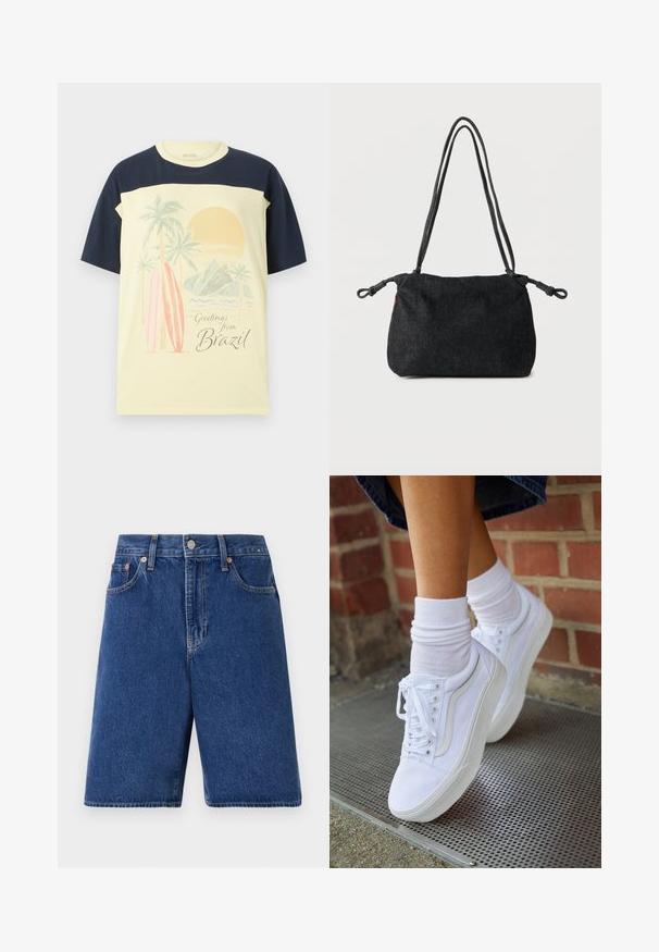 T-shirt jaune clair avec des manches bleu marine. Arbore un imprimé graphique de palmiers, de planches de surf et d'un soleil, avec le texte « Salutations du Brésil ». ; Shorts en denim bleu foncé avec une coupe classique, design à cinq poches et surpiqûres orange. Finition avec un bouton frontal et une fermeture éclair.; Baskets en toile blanches avec semelles en caoutchouc, dotées de six œillets, d'un bout rond et de détails de couture légers, portées avec des chaussettes blanches mi-mollet.; Sac bandoulière en denim noir avec doubles sangles en corde et extrémités nouées de chaque côté, posé sur un fond blanc uni.