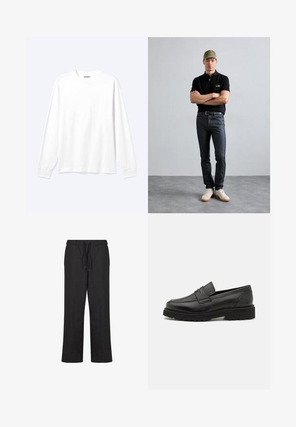 Chemise blanche unie à manches longues avec col rond et poignets côtelés, présentée sur un fond clair neutre.; Pantalon noir ample avec une taille élastique et un cordon de serrage. Présente un motif à rayures verticales subtil. Fabriqué en tissu léger.; Mocassin en cuir noir avec un bout rond, des détails cousus, et une semelle épaisse et texturée. Présente un design élégant et minimaliste.; T-shirt polo noir avec logo doré, jeans en denim foncé et chaussures claires. Casquette olive avec logo. Modèle se tient les bras croisés contre un fond texturé.