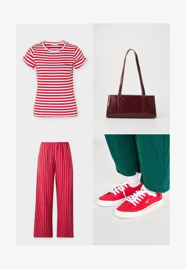 T-shirt à manches courtes à rayures horizontales rouges et blanches avec un petit logo brodé sur le côté gauche de la poitrine.; Pantalon rouge à rayures verticales blanches, ceinture élastique et jambes droites, présenté sur un fond uni clair.; Baskets en toile rouges avec des lacets blancs, dotées d'une semelle en caoutchouc blanche et d'accents rayés sur le côté. Portées avec un pantalon vert texturé et des chaussettes blanches.; Sac à main bordeaux en matériau brillant, de forme rectangulaire, avec deux anses et des accents légèrement courbés à l'avant.