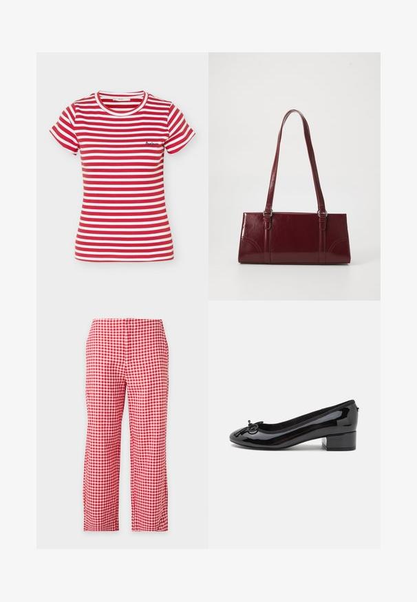 T-shirt à manches courtes à rayures horizontales rouges et blanches avec un petit logo brodé sur le côté gauche de la poitrine.; Pantalon droit à carreaux vichy rouge et blanc, pleine longueur, vu de face sur fond uni clair. Pas de poches ni de boutons visibles.; Ballerines noires en cuir verni avec un bout rond, un petit talon bloc et un nœud décoratif à l'avant. Surface lisse et doublure rembourrée.; Sac à main bordeaux en matériau brillant, de forme rectangulaire, avec deux anses et des accents légèrement courbés à l'avant.