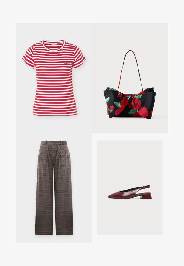 Camiseta de manga corta con cuello redondo, a rayas horizontales rojas y blancas, con un pequeño logo bordado en el pecho izquierdo.; Pantalones de cuadros con diseño de pierna ancha, que presentan pliegues, una cintura alta y una mezcla de colores marrón, negro y azul claro.; Zapato slingback de cuero burdeos con punta afilada y tacón bajo cuadrado, mostrado de perfil sobre fondo blanco.; Bolso de hombro floral que presenta tela negra con patrones de flores rojas y verdes, detalle de lazo y un asa delgada y colorida.