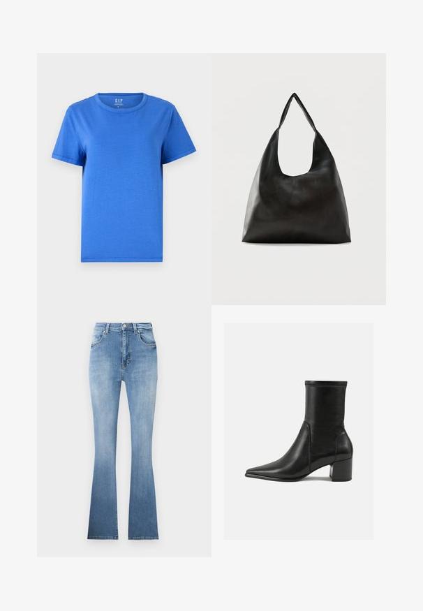 Ein schlichtes blaues T-Shirt aus Baumwolle mit Rundhalsausschnitt, kurzen Ärmeln und geradem Saum. Keine sichtbaren Muster oder Akzente.; Helle blaue Schlagjeans aus Denim, mit hoher Taille, Fronttaschen und einem dezenten Verlauf zum Saum. Mit hellem Nähen.; Schwarze Knöchelstiefel aus glattem Leder, mit spitzem Zehenbereich, einem Blockabsatz und markanten, raised stitching am oberen Rand.; Schwarze, glatte Leder-Schultertasche mit einem breiten, einzelnen Riemen und einem lässigen, minimalistischen Design vor einem einfarbigen Hintergrund.