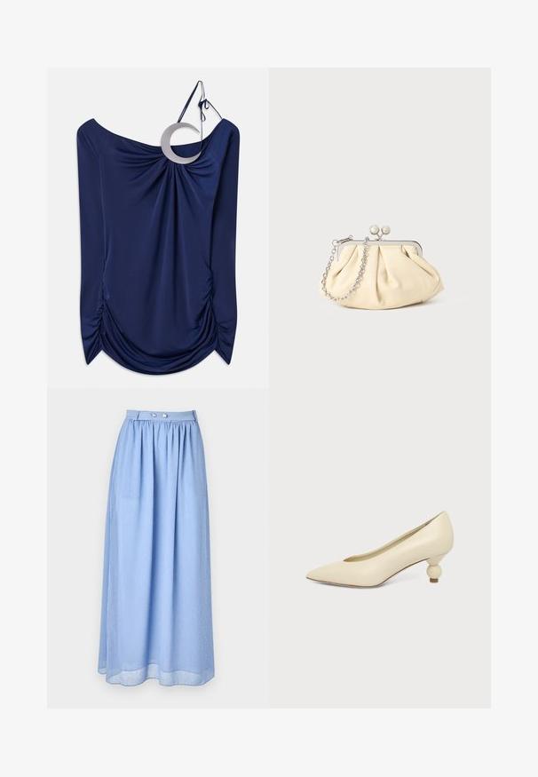 Marineblauwe gedrapeerde top met een off-shoulder ontwerp, voorzien van een ronde metalen accent en geraffineerde details aan de zijkanten. Stijlvolle textuur.; Lichtblauwe maxi rok van doorschijnende stof met een geraffineerde taille, voorzien van zilveren knoopdetails en een subtiel patroon van kleine witte stippen.; Dames schoen in roomkleur met een puntige neus en een lage, ronde balvormige hak op een effen achtergrond.; Geplooide beige leren clutch met een zilveren metalen frame, voorzien van twee ronde decoratieve sluitingen en een zilveren kettingriem.
