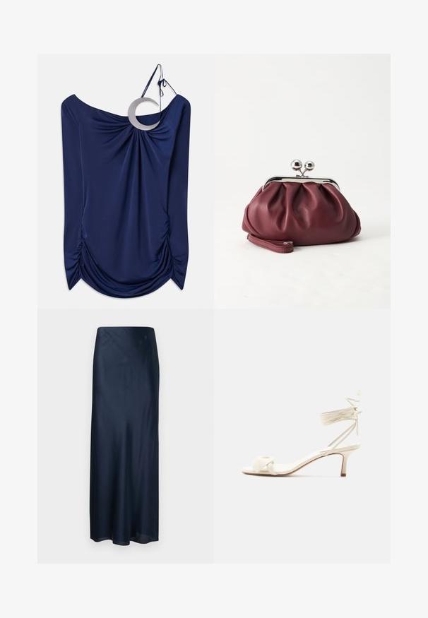Mørkeblå draperet top med off-shoulder design, prydet med en rund metallaccent og indsamlet detaljering på siderne. Glat tekstur.; Mørkeblå, ankel-lang satin-nederdel med en glat, lige pasform og let udvidelse ved kanten mod en ensfarvet lys baggrund.; Kremfarvet sandal med lave hæle, bindebånd om anklen og en bred snoet rem over tæerne på en ensartet hvid baggrund.; Lille bordeauxlæder clutch-pung med sølv metal lukning og håndledsrem på hvid baggrund.