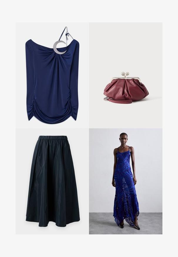 Mørkeblå draperet top med off-shoulder design, prydet med en rund metallaccent og indsamlet detaljering på siderne. Glat tekstur.; Sort, lang nederdel lavet af et skinnende, let stof. Har et elastisk taljebånd og et flowy design med en glat, ren finish.; Blå og lilla dyreprint maxi kjole med tynde stropper, en tætsiddende bodice, flagrende kant og gennemsigtig overlay-detaljering.; Lille bordeaux rød læder clutch-pung med sølv metal lukning og håndledsrem på hvid baggrund.