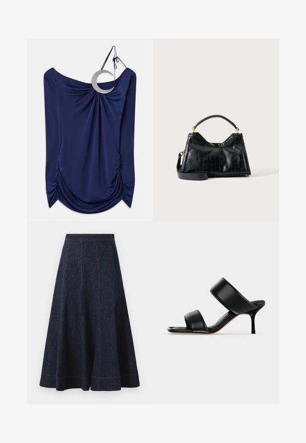 Mørkeblå draperet top med off-shoulder design, prydet med en rund metallaccent og indsamlet detaljering på siderne. Glat tekstur.; Mørkeblå denimnederdel med en flagrende silhuet, der har vertikale syninger og kontrasterende orange syninger langs kanten.; Sort læder mule sandal med to brede remme og en slank mellemhøj stiletthæl på en ensartet lys baggrund.; Sort læder håndtaske med teksturerede lodrette linjer, kort håndtag, aftagelig lang rem og guldfarvede hardware-accenter på ensfarvet baggrund.