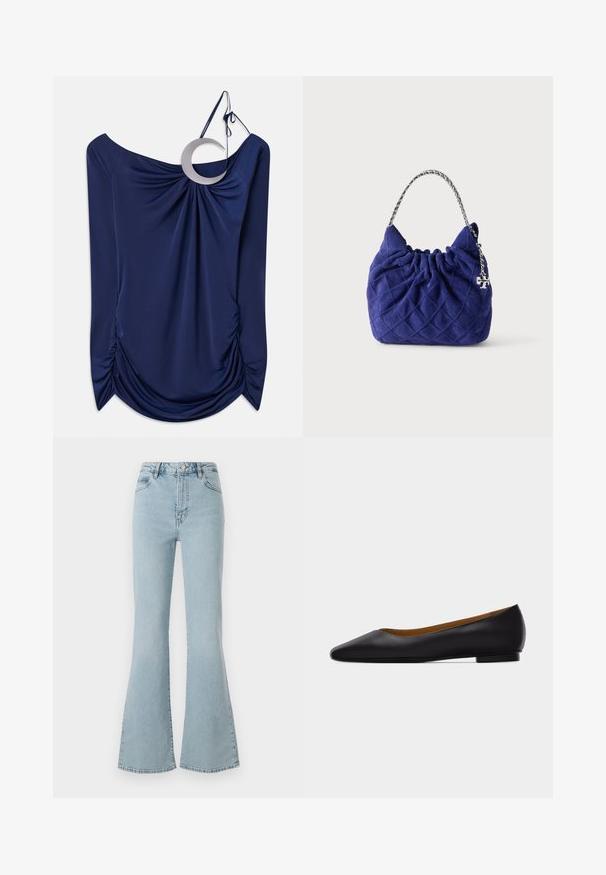 Marineblauwe gedrapeerde top met een off-shoulder ontwerp, voorzien van een ronde metalen accent en geraffineerde details aan de zijkanten. Stijlvolle textuur.; FRAME THE ARROW - Flared Jeans - blue; Zwarte leren puntschoen met lage hak en gladde afwerking, zijaanzicht op een lichtgrijze achtergrond.; Gewatteerde marineblauwe handtas met een zilverkleurige kettinghandgreep en een kleine zilveren logohanger aan de rechterkant.