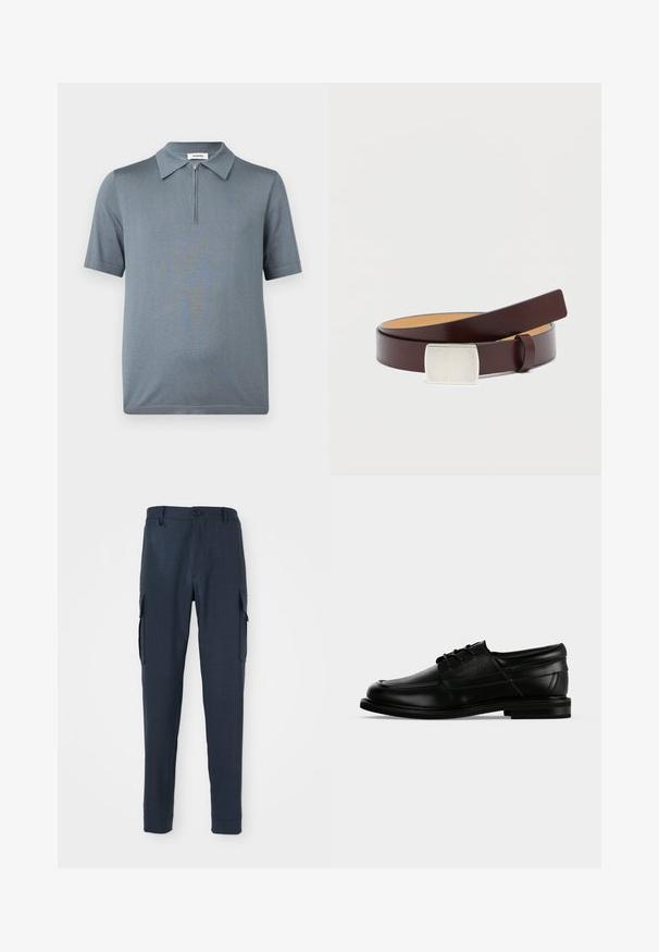 Polo gris à manches courtes avec col et fermeture éclair à l'avant, présenté sur un fond blanc.; Pantalons cargo navy en tissu texturé, coupe slim, fermeture à bouton à la taille et poches latérales pour plus de fonctionnalité.; Chaussure habillée pour homme en cuir noir avec lacets, talon bas et nom de marque embossé sur le côté, vue de profil sur fond blanc.; Ceinture en cuir marron avec une boucle rectangulaire en argent, texture lisse et doublure intérieure plus claire contrastante. Design simple et classique.