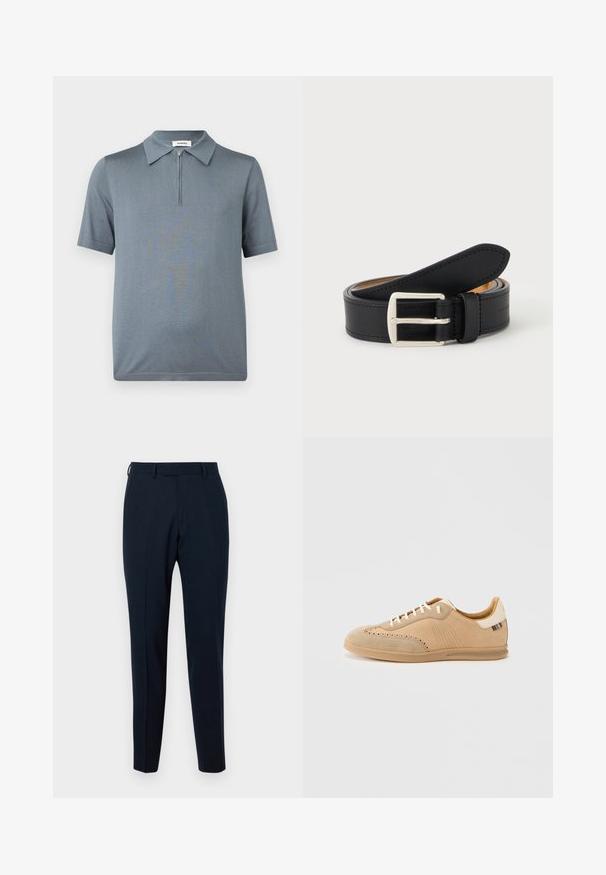 Polo gris à manches courtes avec col et fermeture éclair à l'avant, présenté sur un fond blanc.; Pantalon ajusté bleu marine en tissu lisse ; il présente un devant plat, une coupe slim et des poches latérales ; aucun motif ni matériel visible.; Baskets en daim beige avec des détails perforés, des lacets crème et une semelle texturée marron clair, avec un accent de couleur contrastante au talon.; Ceinture en cuir noir roulée avec une boucle en métal argenté rectangulaire visible sur un fond clair uni.